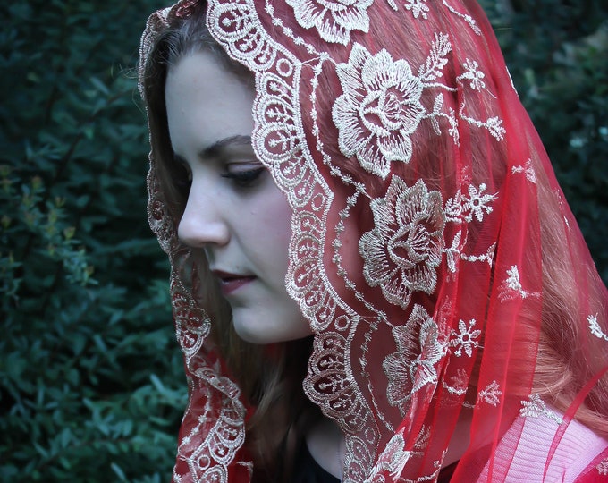 Evintage Veils~ Our Lady of Guadalupe Lovely Pentecost Red Embroidered  Traditional Vintage Inspired Infinity Veil Mantilla Chapel Veil