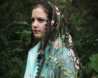 Evintage Veils~ Wildflowers Black OR Cream White  Floral  Lace Wrap Mantilla Floral Vintage Inspired Lace Chapel Veil Scarf Mantilla-