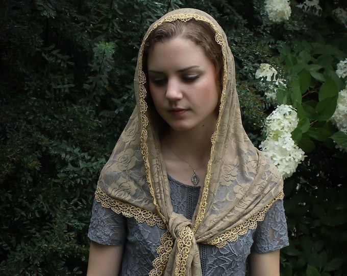 Evintage Veils~ Mystical Rose Deep Beige and Gold  Lace Mantilla Chapel Veil  Mantilla Shawl Wrap