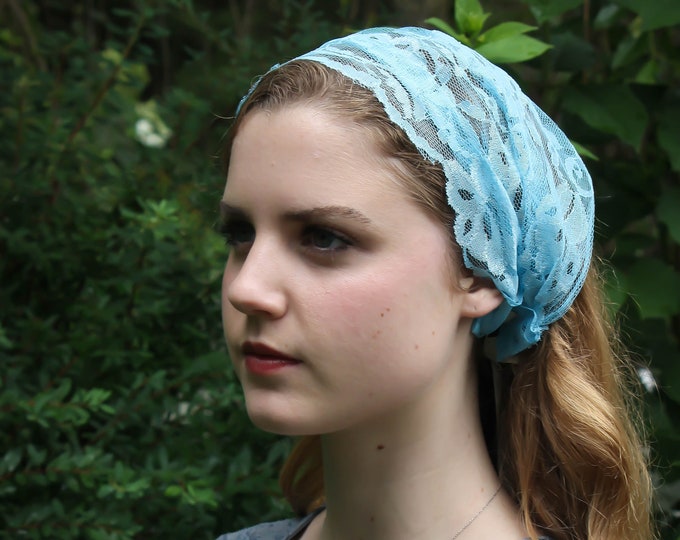 Evintage Veils~ So Soft Headwrap Marian Blue  Chantilly Vintage-Inspired  Lace Headband Kerchief Tie-style Head Covering Church Veil