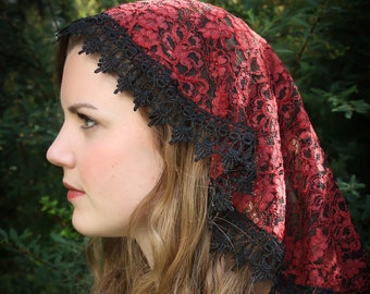 Evintage Veils~ Sacred Heart Deep Red Princess Style Spanish Lace Trim  Traditional Catholic   Lace  Mantilla Chapel Veil