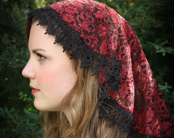 Evintage Veils~ Sacred Heart Deep Red Princess Style Spanish Lace Trim  Traditional Catholic   Lace  Mantilla Chapel Veil