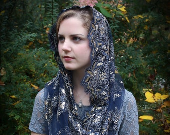 Evintage Veils~ Queen of Peace Sequin Embroidered + 3 Colors  Lace Chapel Veil Mantilla Infinity Veil Latin Mass