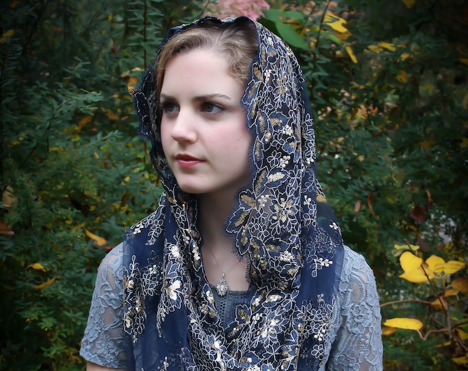 Evintage Veils~ Queen of Peace Sequin Embroidered + 3 Colors  Lace Chapel Veil Mantilla Infinity Veil Latin Mass