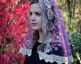 Evintage Veils~ Our Lady of Guadalupe Floral  Advent/Lent Purple & Gold Embroidered  D Shaped Veilm OR Long Wrap~  Soft and Light!