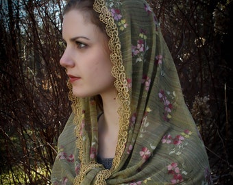 Evintage Veils~READY TO SHIP "Our Lady of the Fields" Wildflowers Chapel Veil Mantilla  Moss Green Floral Wrap Veil