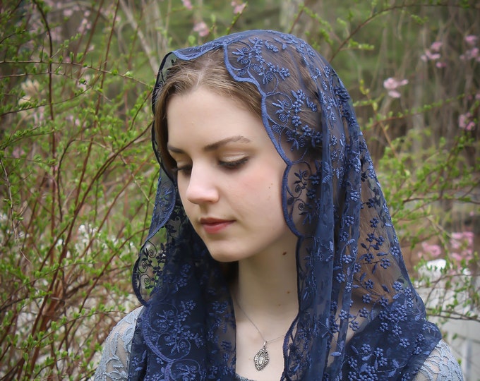 Evintage Veils~ READY TO SHIP Queen of Peace Soft Midnight Blue Embroidered Lace Chapel Veil Mantilla Infinity Veil Latin Mass