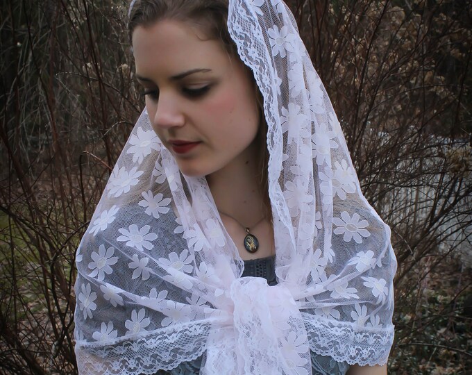 Evintage Veils~ Soft Daisy Pale Pink Lace Wrap Mantilla Floral Vintage Inspired Lace Chapel Veil Scarf Mantilla-