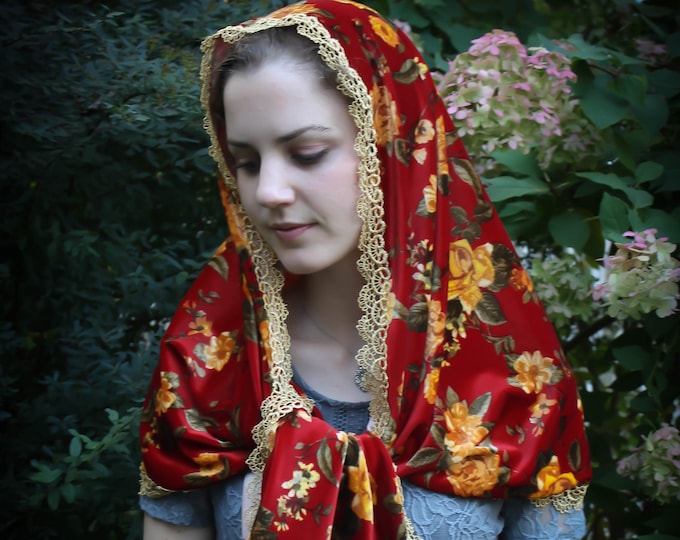 Evintage Veils~Rich Crimson & Gold Wildflowers Floral  Velvet  Wrap Mantilla Floral Vintage Inspired Lace Chapel Veil Scarf Mantilla-