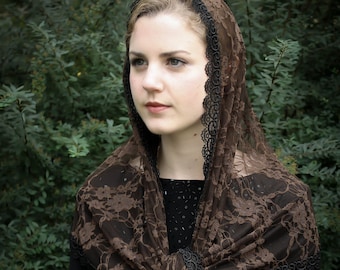Evintage Veils~  Our Lady of the Rosary Rich Brown Vintage Inspired Lace Chapel Veil Scarf Mantilla Wrap