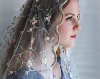 Evintage Veils~READY TO SHIP Traditional D Shape Veil St. Therese  Little Flower  Marian Blue or Blush Rose Chapel Veil  D Shape