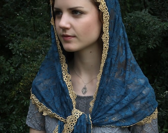 Evintage Veils~ Mystical Rose Regal Blue and Gold  Lace Mantilla Chapel Veil  Mantilla Shawl Wrap