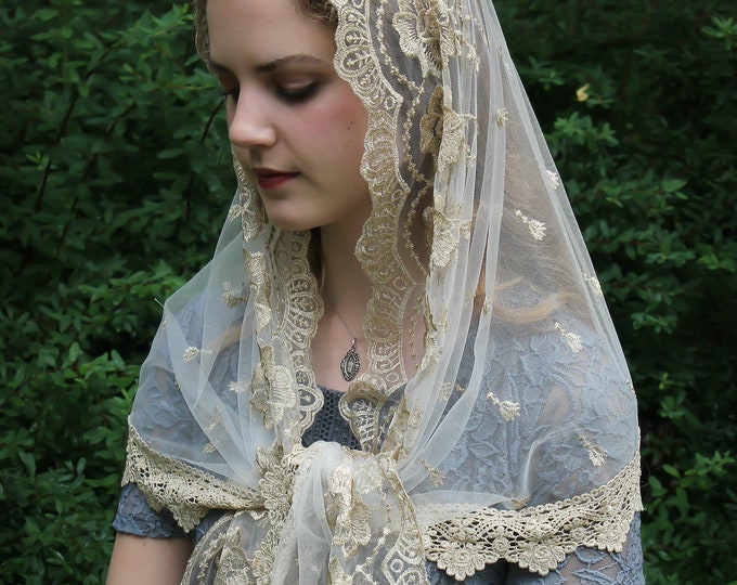 Evintage Veils~ Our Lady of Guadalupe Lovely Embroidered  Traditional Vintage Inspired Wrap-Style Mantilla Chapel Veil Choose Color