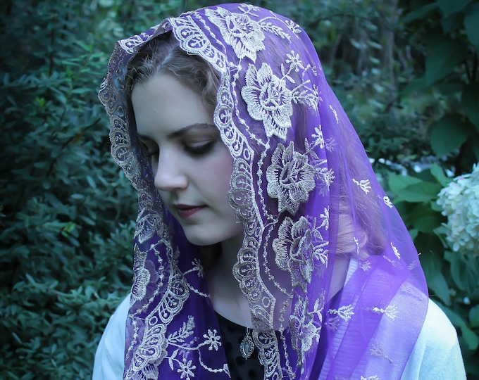 Evintage Veils~ Our Lady of Guadalupe Lovely Advent/Lent Purple &Gold Embroidered  Traditiona Infinity Veil Mantilla Chapel Veil