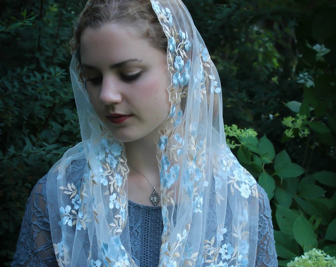 Evintage Veils~READY TO SHIP  Our Lady of the Rosary "Joyful Mysteries"   Marian Blue/Pale Gold  Embroidered Lace Chapel Veil Infinity Veil