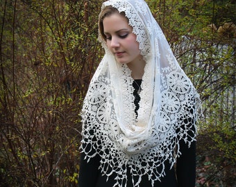 Evintage Veils~ Mater Dei Soft Ivory Chapel Veil Mantilla Crochet Fringe Edge Infinity Veil