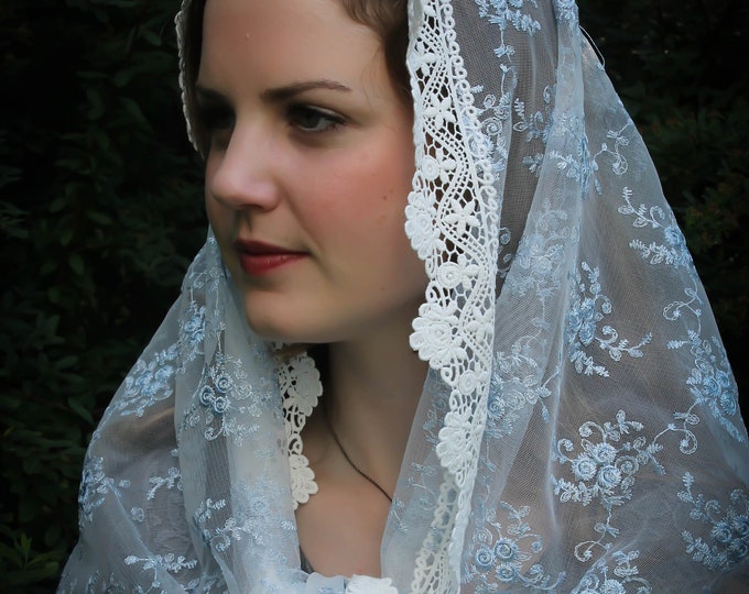 Evintage Veils~ Our Lady of the Rosary "Joyful Mysteries" Three Colors!   Lace Chapel Veil Mantilla Wrap