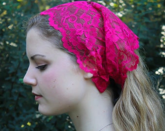 Evintage Veils~ Rose Fuschia Lace So Soft Headwrap  Headband Kerchief Tie-style Head Covering Church Veil