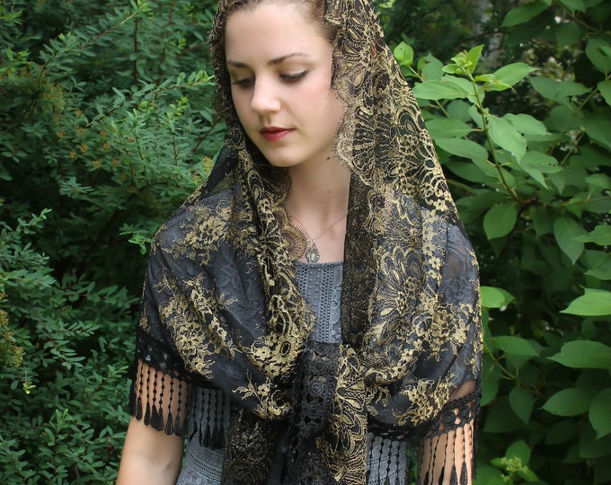 Evintage Veils~ Lovely Black and Gold Spanish Style Lace Wrap Mantilla Floral Vintage Inspired Lace Chapel Veil Scarf Mantilla-