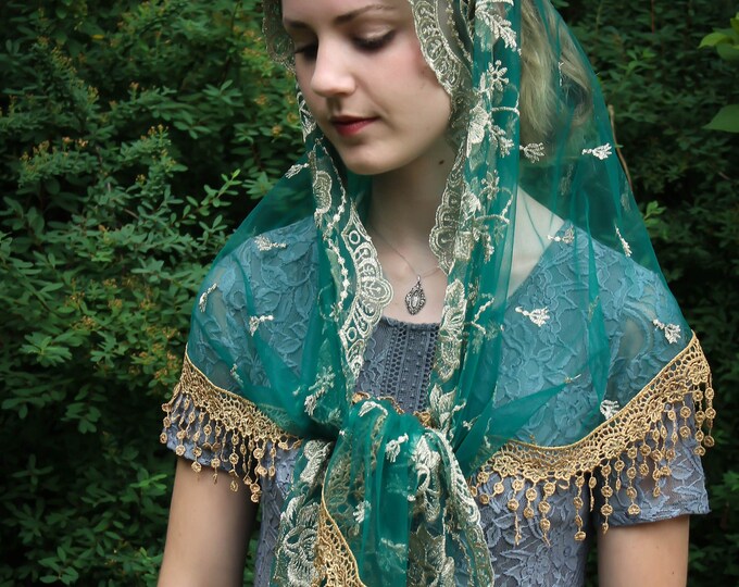 Evintage Veils~ Our Lady of Guadalupe Lovely Deep Green &Gold Embroidered  Traditional Vintage Inspired Wrap-Style Veil Mantilla Chapel Veil