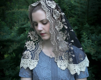 Evintage Veils~THREE COLORS  Our Lady of Guadalupe Floral Gold Embroidered (Short) D Shaped Veil~  Soft and Light!