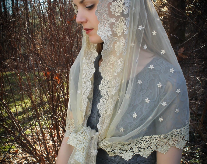 Evintage Veils~ READY TO SHIP Golden Our Lady of the Lily  Embroidered  Lace Chapel Veil Mantilla Wrap or  Infinity Veil