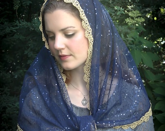 Evintage Veils~ Our Lady of Guadalupe Navy & Gold  Sequin Lace Vintage Inspired Lace Chapel Veil Scarf Mantilla Wrap
