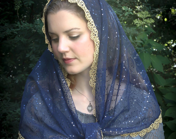 Evintage Veils~ Our Lady of Guadalupe Navy & Gold  Sequin Lace Vintage Inspired Lace Chapel Veil Scarf Mantilla Wrap