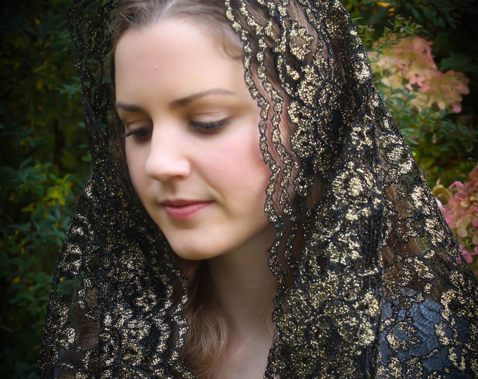 Evintage Veils~ READY TO SHIP Black and Gold Metallic Lace Infinity Veil