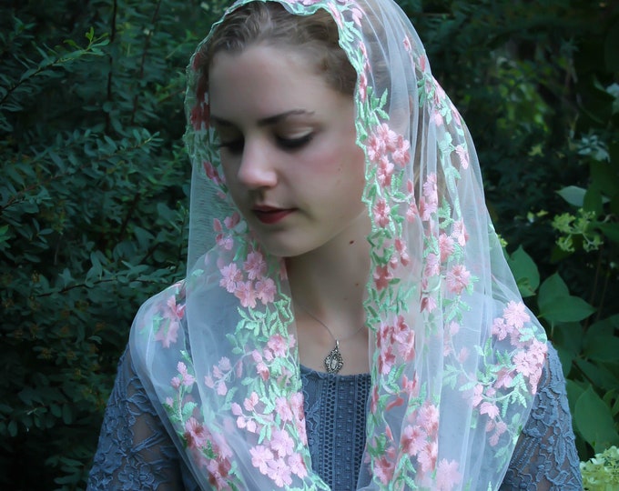 Evintage Veils~ READY TO SHIP Our Lady of the Rosary "Joyful Mysteries"  Pink/Green Embroidered Lace Chapel Veil Mantilla Infinity Veil