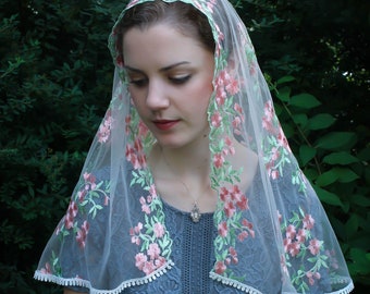 Evintage Veils~ READY TO SHIP Our Lady of the Rosary Pink/Green "Joyful Mysteries" Vintage Inspired Lace Chapel Veil D Shape