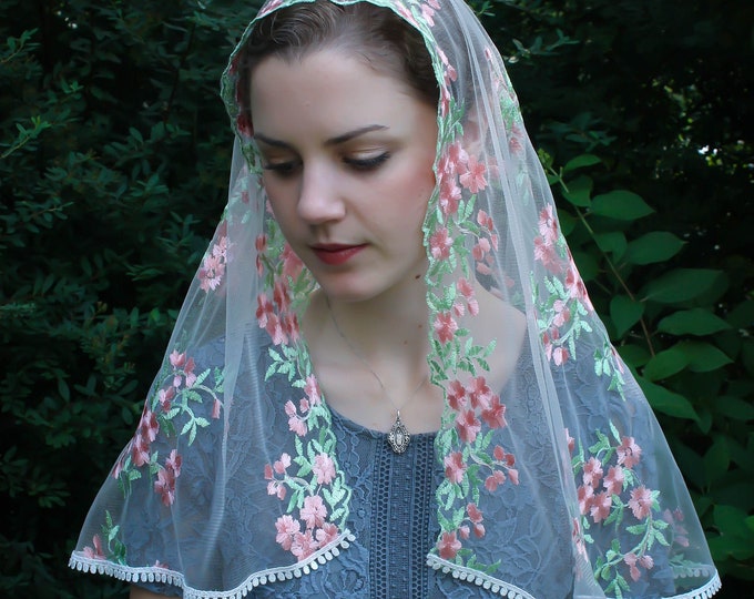 Evintage Veils~ READY TO SHIP Our Lady of the Rosary Pink/Green "Joyful Mysteries" Vintage Inspired Lace Chapel Veil D Shape