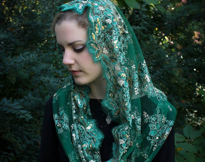 Evintage Veils~READY TO SHIP  Queen of Peace Green & Gold Sequin Embroidered Lace Chapel Veil Mantilla Infinity Veil Latin Mass