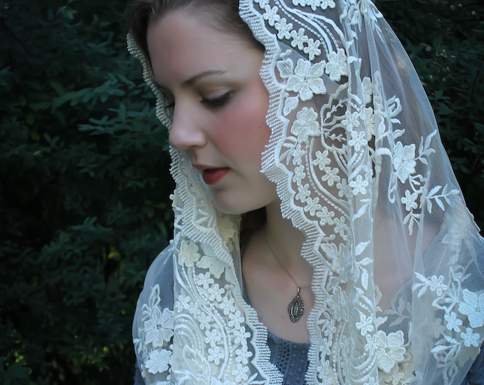 Evintage Veils~ READY TO SHIP Salve Regina  Lovely Ivory Embroidered  Traditional Infinity Veil Mantilla Chapel Veil