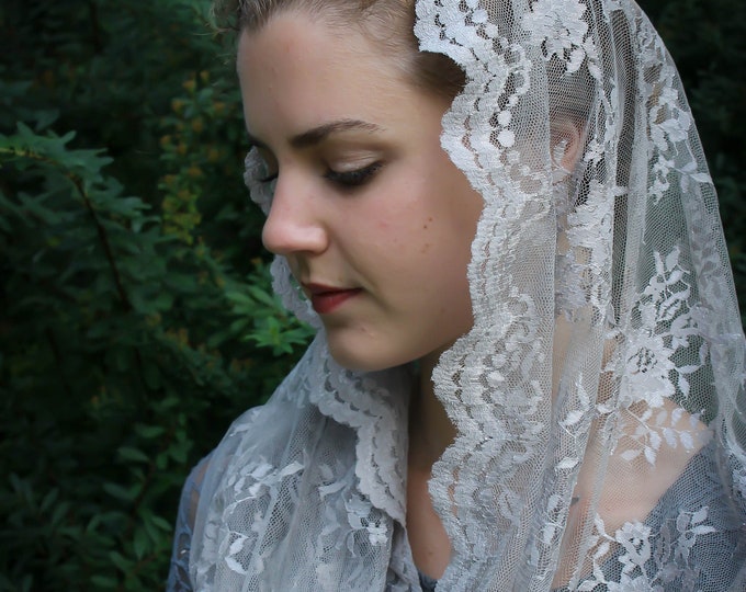 Evintage Veils~ Chantilly  Mist Pale Gray Lace Infinity  Veil Vintage Inspired Lace Chapel Veil Scarf Mantilla