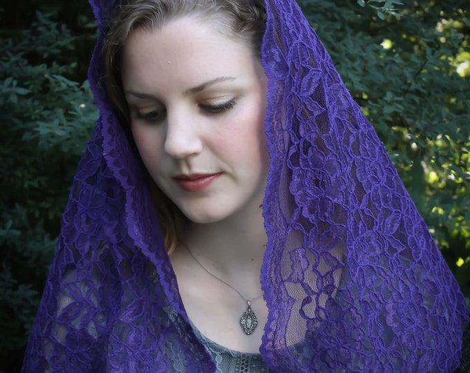 Evintage Veils~ READY TO SHIP Advent Lent  Rich Purple  Soft Embroidered Lace Chapel Veil Mantilla D