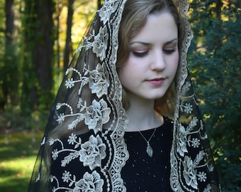 Evintage Veils~ Our Lady of Guadalupe Floral Gold & Black Embroidered D Shaped Veil~  Soft and Light!