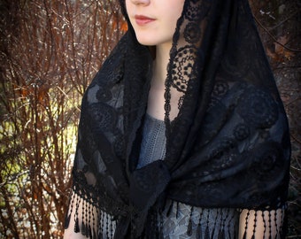 Evintage Veils~ Our Lady of Consolation**  Vintage Inspired Lace Chapel Veil Scarf Mantilla Wrap Shawl BLACK