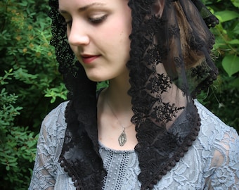 Evintage Veils: "Our Lady of the Doves"  Lace Small Triangle Mantilla Chapel Veil Black Embroidered Lace