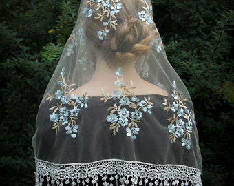 Evintage Veils~ Our Lady of the Rosary "Joyful Mysteries"   Marian Blue/Pale Gold  Lace Chapel Veil Mantilla Wrap OR Infinity Veil