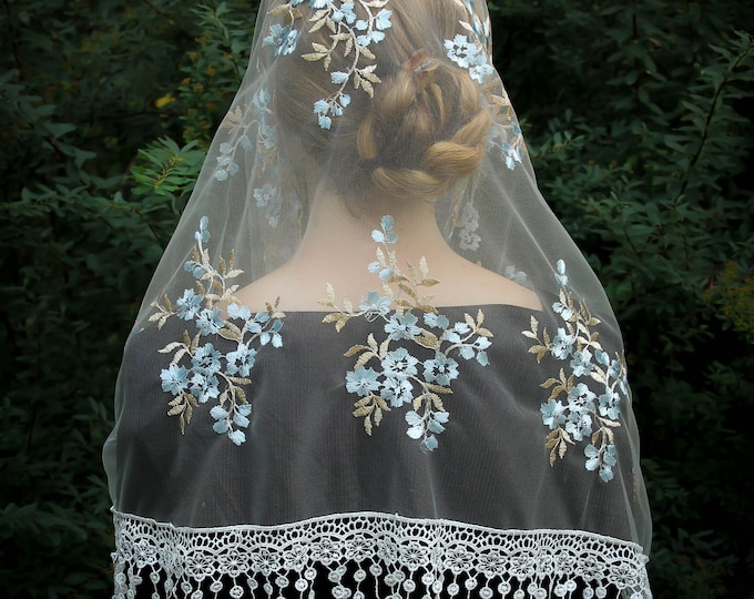 Evintage Veils~ READY TO SHIP Our Lady of the Rosary "Joyful Mysteries"   Marian Blue/Pale Gold  Lace Veil Mantilla Wrap Infinity Veil