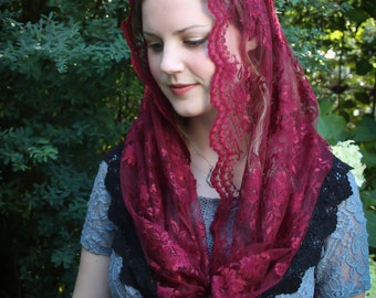 Evintage Veils~ READY TO SHIP Chantilly Soft Burgundy/Black Lace Infinity  Veil Vintage Inspired Lace Chapel Veil Scarf Mantilla