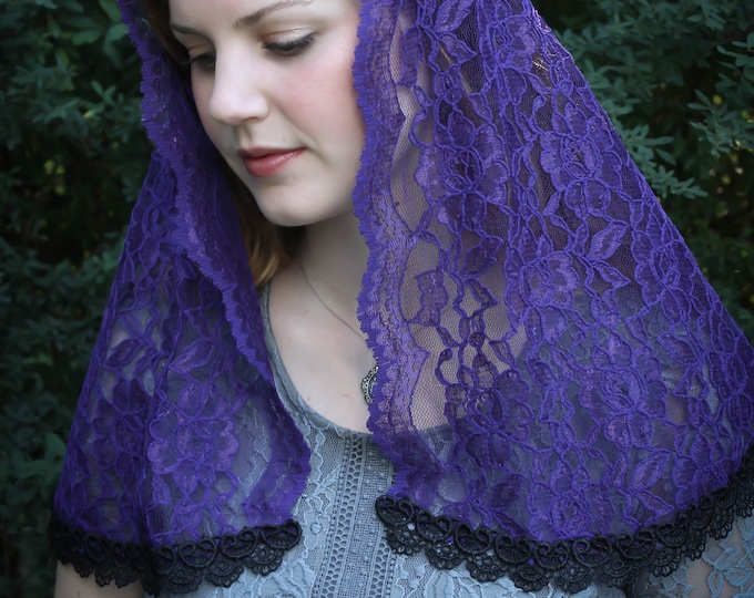 Evintage Veils~ READY TO SHIP Advent Lent  Rich Purple  Soft Embroidered Lace Chapel Veil Mantilla D