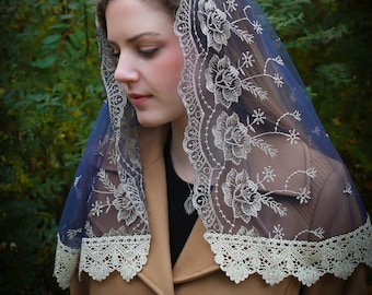 Evintage Veils~ Our Lady of Guadalupe Floral Gold & Navy Embroidered D Shaped Veil~  Soft and Light!