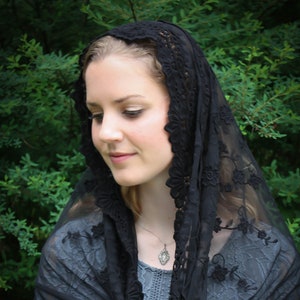 Evintage Veils~Our Lady of Guadalupe Black  or Ivory Wrap-Style Chapel Veil Mantilla Latin Mass