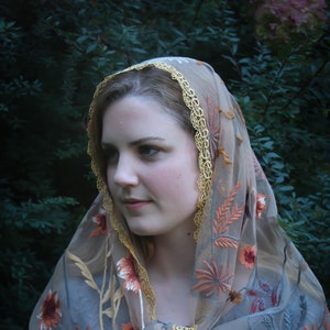 May include: A sheer, light brown shawl with gold lace trim and floral embroidery in shades of orange, red, and brown. The shawl is draped over a person's shoulders and tied at the neck.