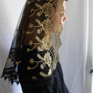 Evintage Veils~ Our Lady of Guadalupe Floral Gold & Black Embroidered (Short) D Shaped Veil~  Soft and Light!