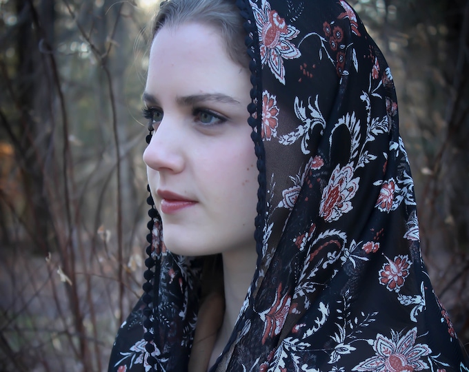 Evintage Veils~ Our Lady of the Rosary "Luminous Mysteries" Vintage Inspired Lace Chapel Veil Scarf Mantilla Wrap Shawl Black Floral