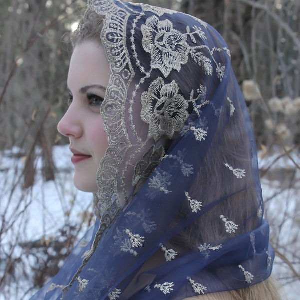 Evintage Veils~ Our Lady of Guadalupe Lovely Navy &Gold Embroidered  Traditional Vintage Inspired Infinity Veil Mantilla Chapel Veil