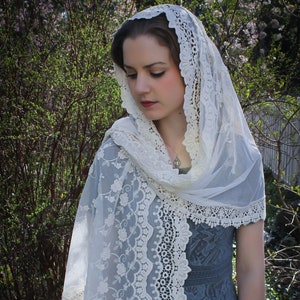 Evintage Veils~Our Lady of Guadalupe Ivory or Black Wrap-Style Chapel Veil Mantilla Latin Mass